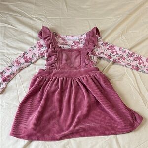 Pink Corduroy Pinafore Dress with Floral Top